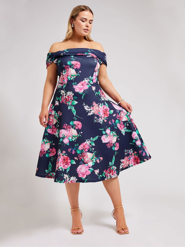 Yours Curve Navy Blue Floral Bardot Skater Dress - Image 1 of 4