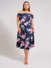 Yours Curve Navy Blue Floral Bardot Skater Dress - Image 2 of 4