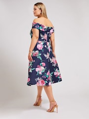 Yours Curve Navy Blue Floral Bardot Skater Dress - Image 3 of 4