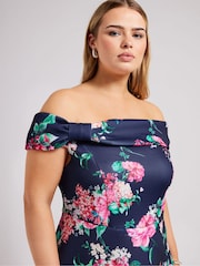 Yours Curve Navy Blue Floral Bardot Skater Dress - Image 4 of 4
