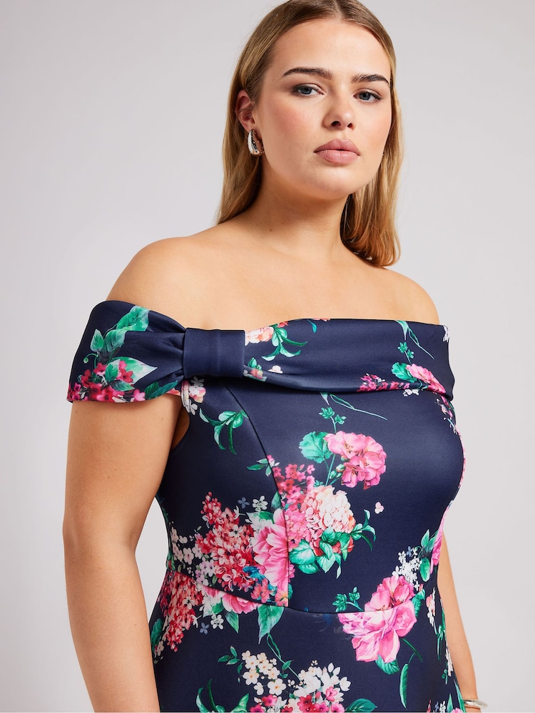 Yours Curve Navy Blue Floral Bardot Skater Dress - Image 4 of 4