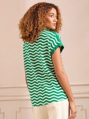 Love & Roses Green Wave Stripe Jersey V Neck Woven Trim Short Sleeve T-Shirt - Image 4 of 4