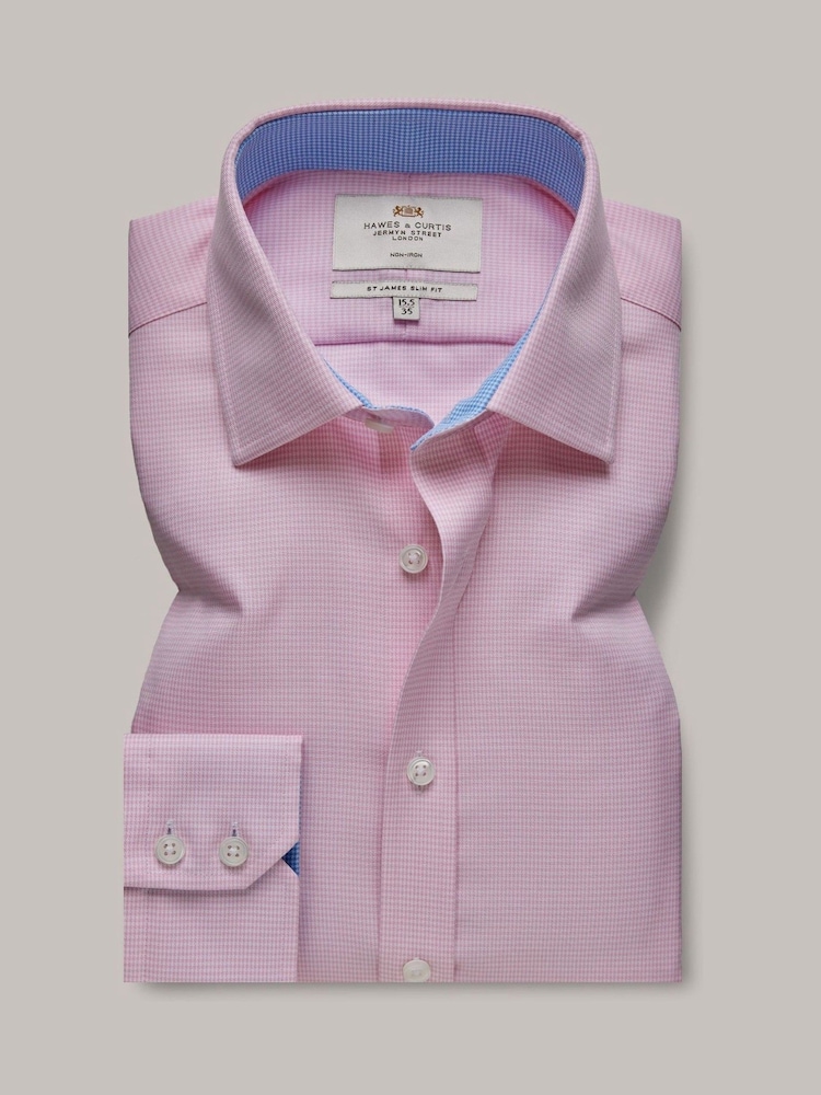 Hawes & Curtis Slim Pink 100% Cotton Non-Iron Dogtooth Shirt With Contrast Detail - Image 1 of 3
