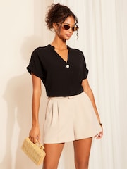 Friends Like These Black Petite V Neck Roll Sleeve Button Blouse - Image 1 of 4