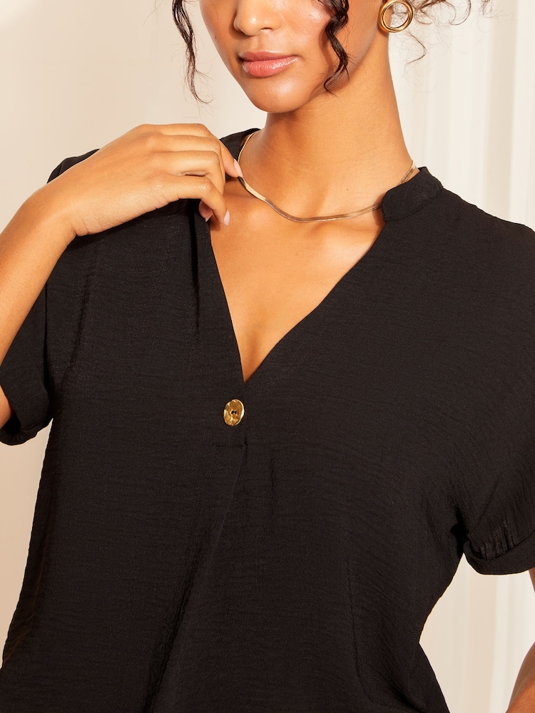 Friends Like These Black Petite V Neck Roll Sleeve Button Blouse - Image 2 of 4