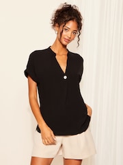 Friends Like These Black Petite V Neck Roll Sleeve Button Blouse - Image 3 of 4