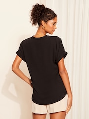 Friends Like These Black Petite V Neck Roll Sleeve Button Blouse - Image 4 of 4