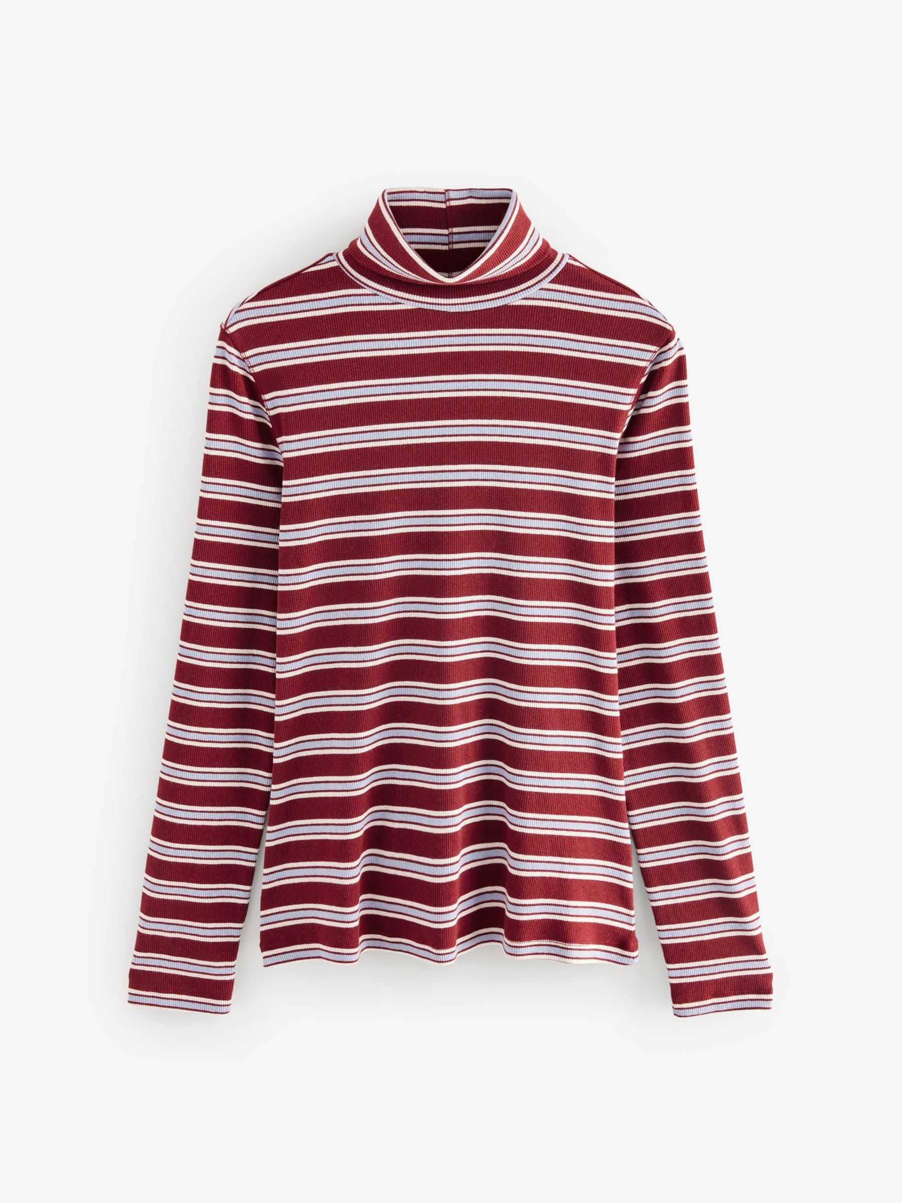 Buy Red Berry/White Ecru Long Sleeve Ribbed Roll Neck Top from the