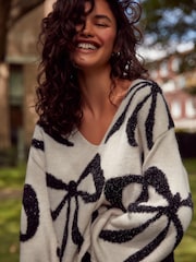 White and Black Tinsel Bow Knitted Christmas Jumper - Image 4 of 9