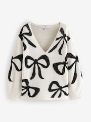 White and Black Tinsel Bow Knitted Christmas Jumper - Image 6 of 9