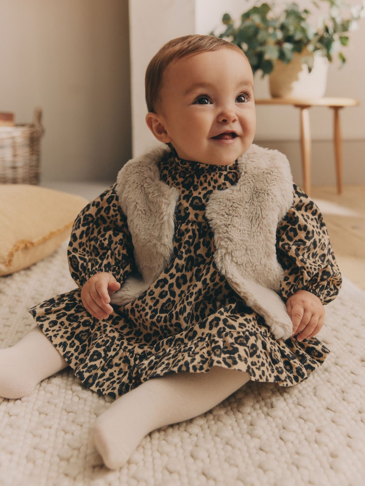 Leopard Print Faux Fur Gilet, Dress & Tights Set (0mths-2yrs) - Image 1 of 12