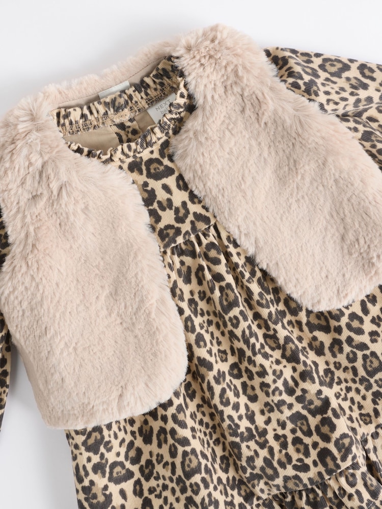 Buy Leopard Print Faux Fur Gilet, Dress Tights Set (0mths-2yrs