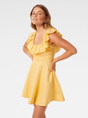 Forever New Yellow Pure Linen Ashlee Petite Ruffle Neck Mini Dress - Image 3 of 5