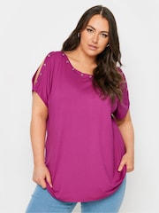 Yours Curve Pink Eyelet Cold Shoulder Top - Image 1 of 5