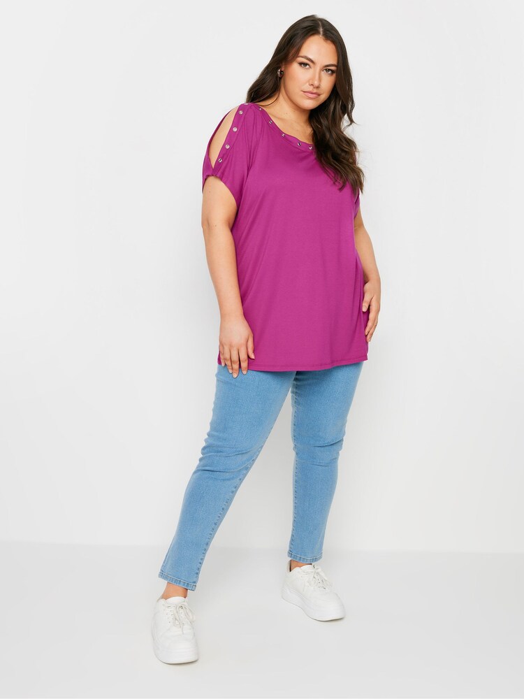 Yours Curve Pink Eyelet Cold Shoulder Top - Image 3 of 5
