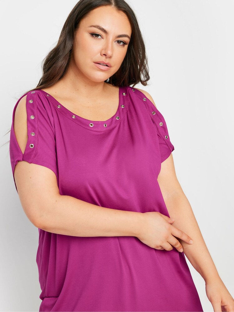 Yours Curve Pink Eyelet Cold Shoulder Top - Image 4 of 5