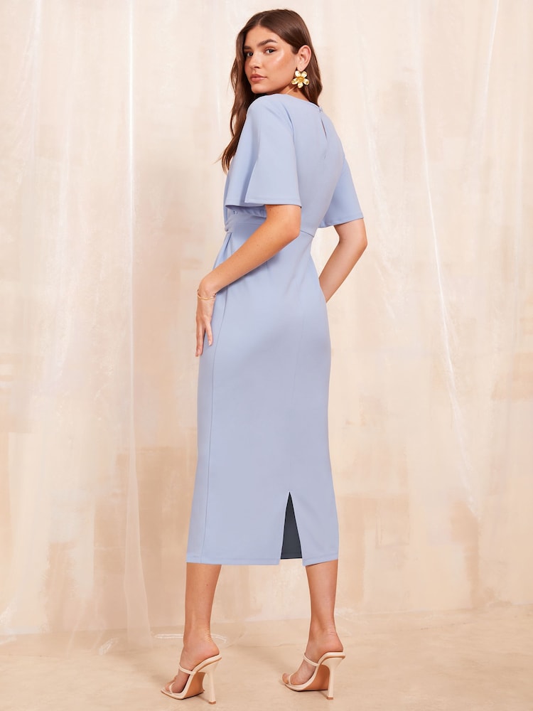 Friends Like These Blue Tailored Knot Detail Flutter Sleeve Midi Dress - Image 4 of 4