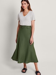 Monsoon Green Belted Linen Blend Midi Skirt - Image 1 of 5