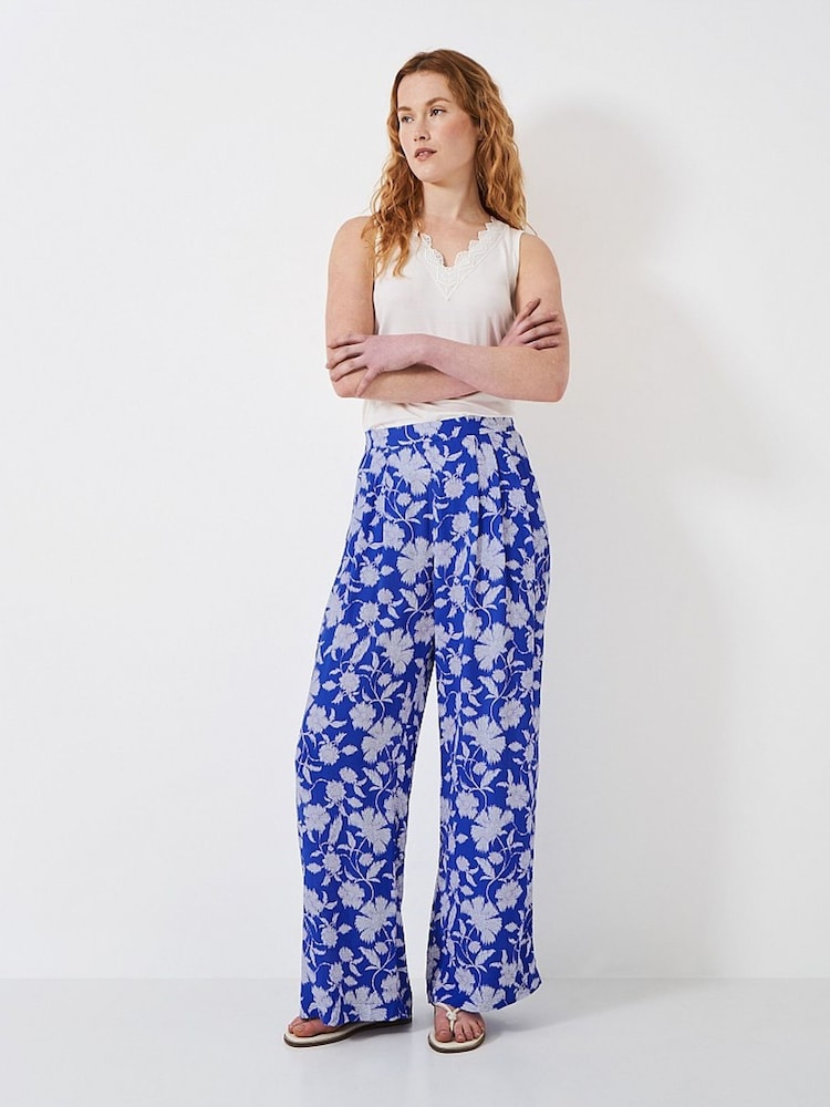 Crew Clothing Company Blue Wide Leg Print 100% Cotton Trousers - Image 1 of 4