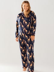 Chelsea Peers Blue Curve Satin Giraffe Print Long Pyjama Set - Image 1 of 5