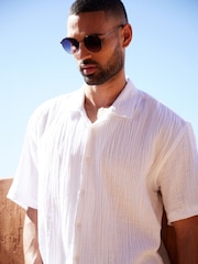 Threadbare White Textured Revere Collar Short Sleeve Shirt - Image 4 of 4