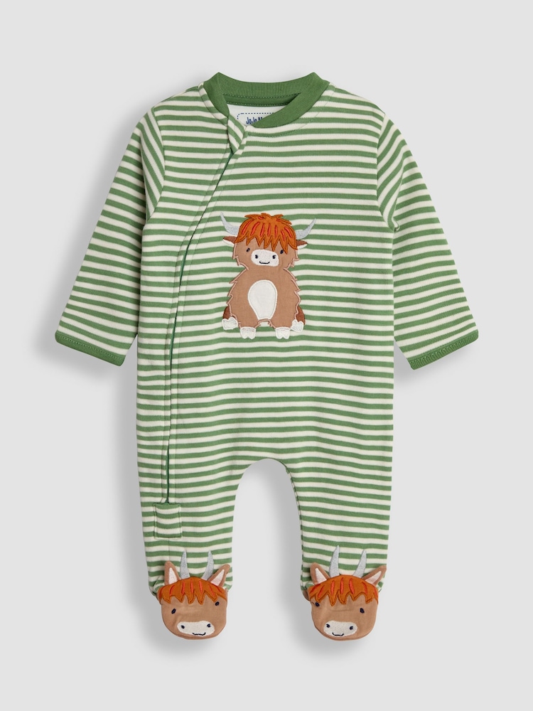 JoJo Maman Bébé Green Highland Cow Applique Zip Sleepsuit - Image 1 of 3