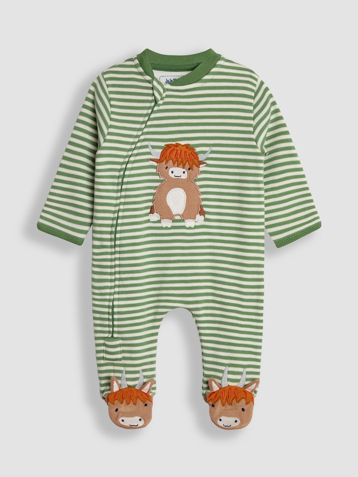 JoJo Maman Bébé Green Highland Cow Farmyard Appliqué Zip Sleepsuit