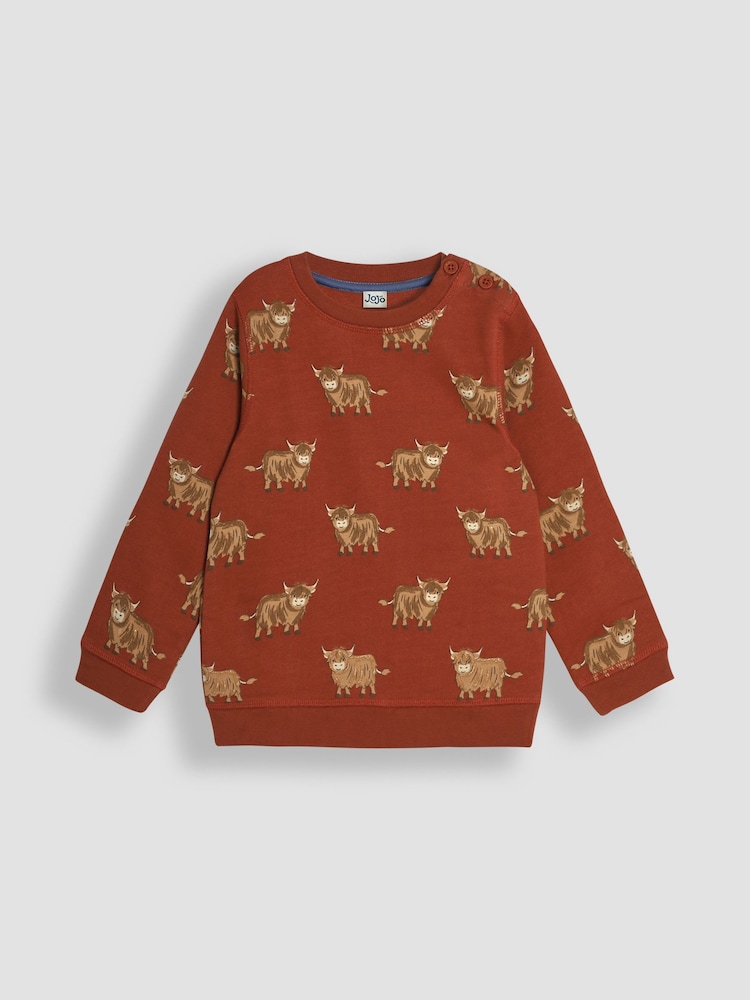 JoJo Maman Bébé Rust Highland Cow Printed Sweatshirt - Image 1 of 3