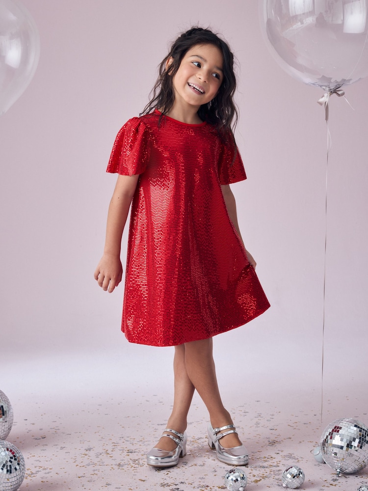 Red Sparkle Angel Sleeve Party Sequin Dress (3-16yrs) - Image 1 of 7