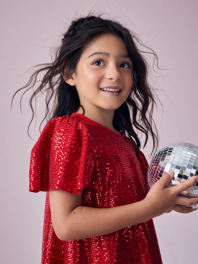 Red Sparkle Angel Sleeve Party Sequin Dress (3-16yrs) - Image 2 of 7