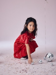 Red Sparkle Angel Sleeve Party Sequin Dress (3-16yrs) - Image 3 of 7