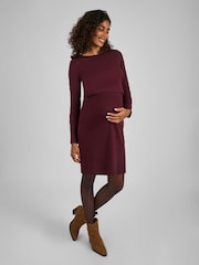 JoJo Maman Bébé Wine Red Ribbed Mini Maternity & Nursing Dress - Image 1 of 4
