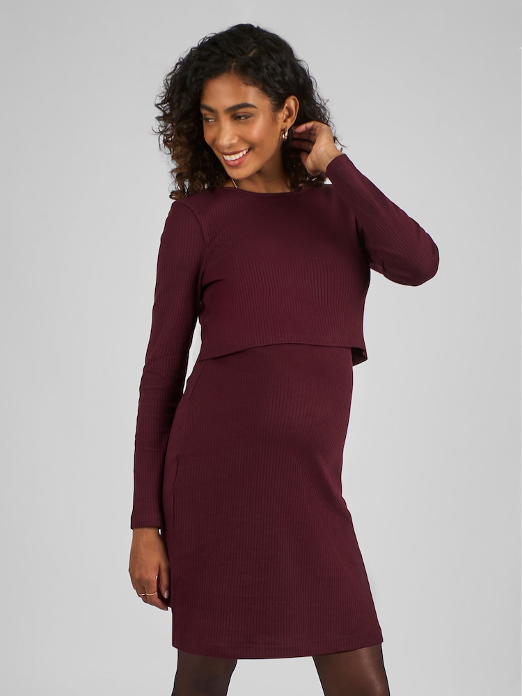 burgundy nursing dress Burgundy Brushed Knit Wrap Fitted Nursing Dress main image 0