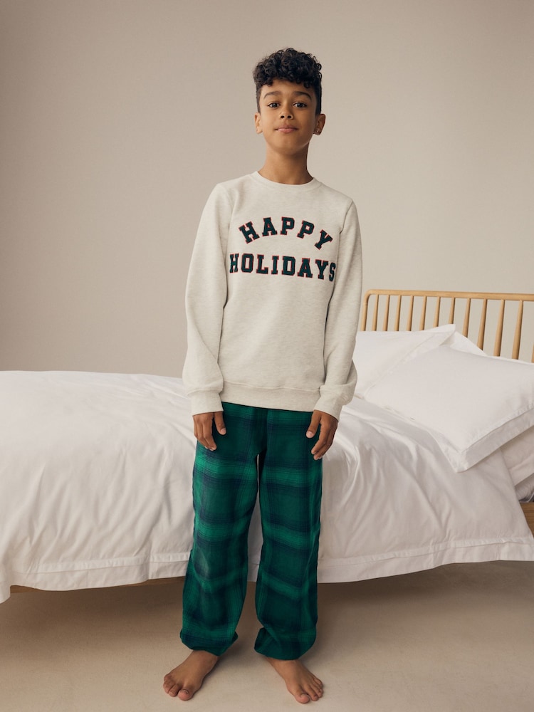 Grey/Green 100% Cotton Matching Family Kids Christmas Happy Holidays Pyjamas (3-16yrs) - Image 1 of 10