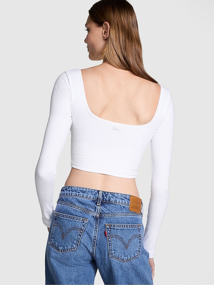 Victoria's Secret PINK Optic White Long Sleeve Cotton Corset Top - Image 2 of 3