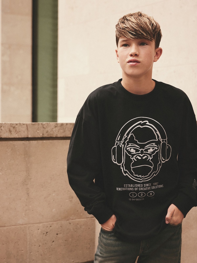 Black/Silver Gorilla Relaxed Fit Long Sleeve Graphic T-Shirt (3-16yrs) - Image 1 of 3