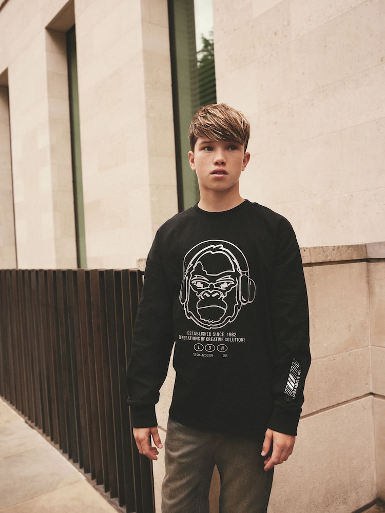 Black/Silver Gorilla Relaxed Fit Long Sleeve Graphic T-Shirt (3-16yrs) - Image 2 of 3