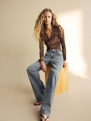 Brown Leopard Print Pleated Long Sleeve Fitted Shirt - Image 3 of 7