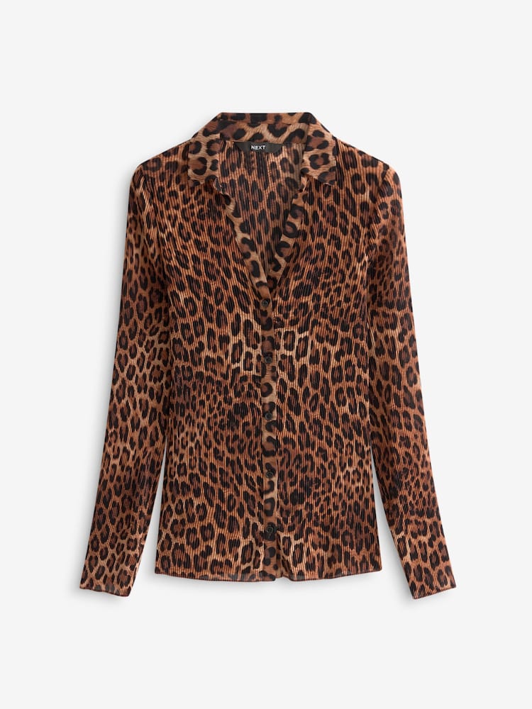 Brown Leopard Print Pleated Long Sleeve Fitted Shirt - Image 5 of 7