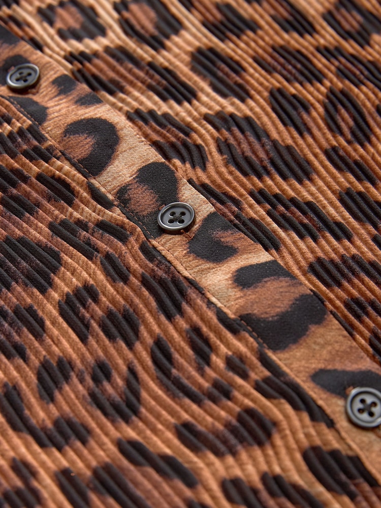 Brown Leopard Print Pleated Long Sleeve Fitted Shirt - Image 6 of 7