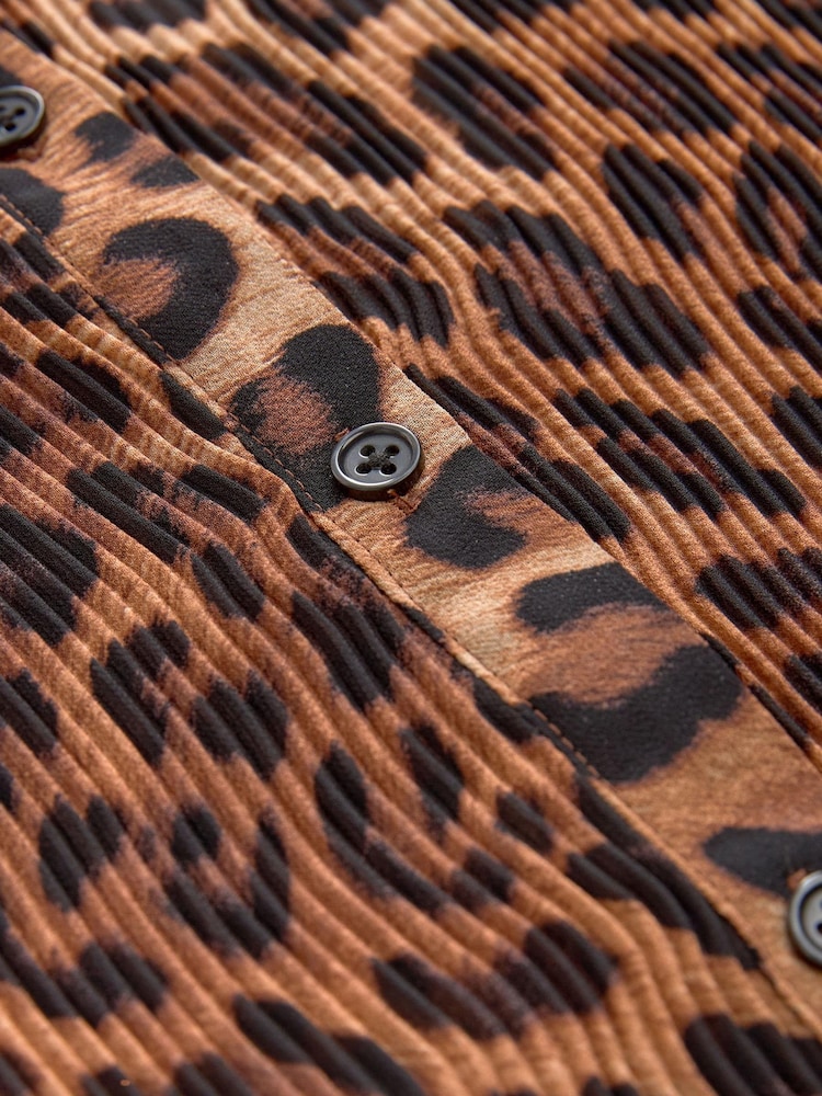 Brown Leopard Print Pleated Long Sleeve Fitted Shirt - Image 7 of 7