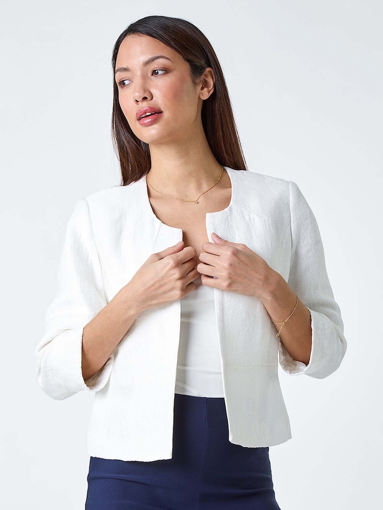 Roman White Pleated Textured Cropped Jacket - Image 4 of 5