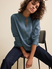 Steel Blue Long Sleeve Textured Overhead V-Neck Blouse - Image 1 of 6