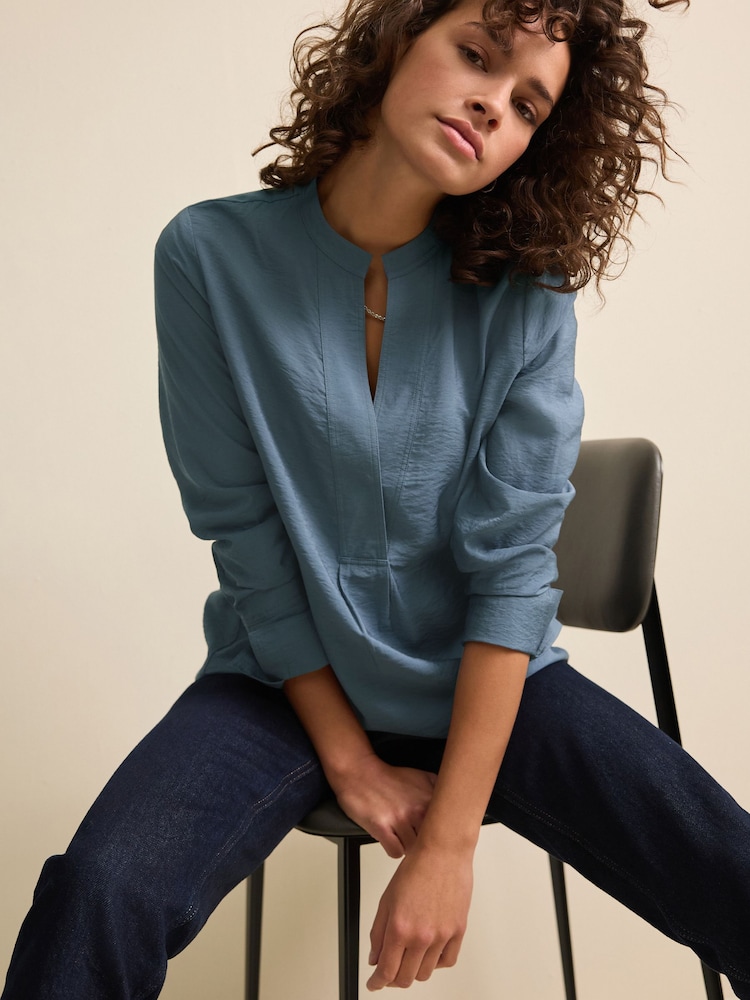 Steel Blue Long Sleeve Textured Overhead V-Neck Blouse - Image 1 of 6