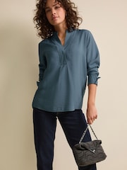Steel Blue Long Sleeve Textured Overhead V-Neck Blouse - Image 2 of 6