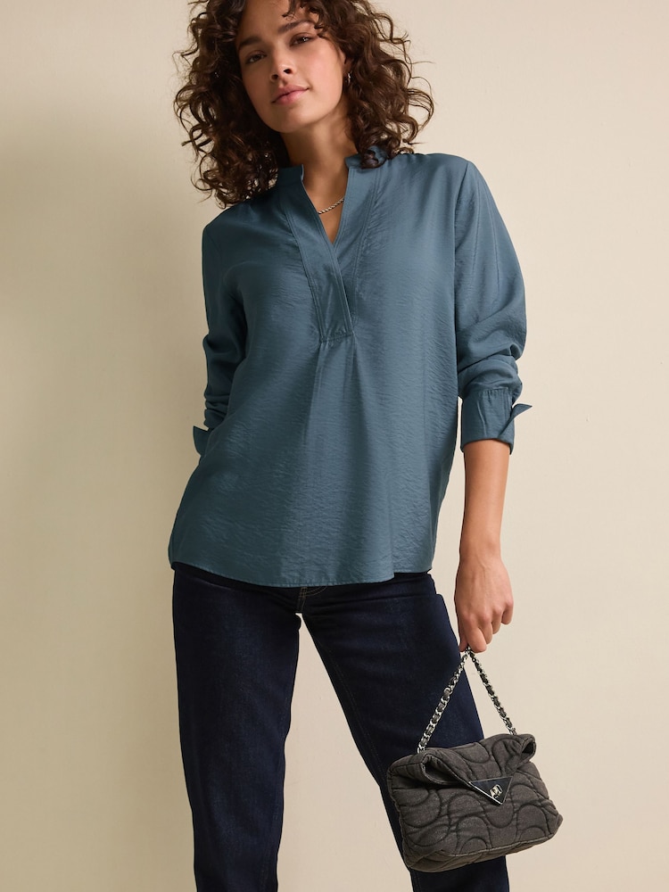 Steel Blue Long Sleeve Textured Overhead V-Neck Blouse - Image 2 of 6