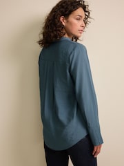 Steel Blue Long Sleeve Textured Overhead V-Neck Blouse - Image 3 of 6