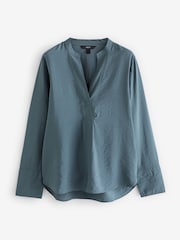 Steel Blue Long Sleeve Textured Overhead V-Neck Blouse - Image 5 of 6