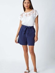 Roman Blue Textured Tie Waist 100% Cotton Shorts - Image 2 of 5