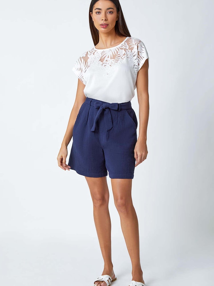 Roman Blue Textured Tie Waist 100% Cotton Shorts - Image 2 of 5